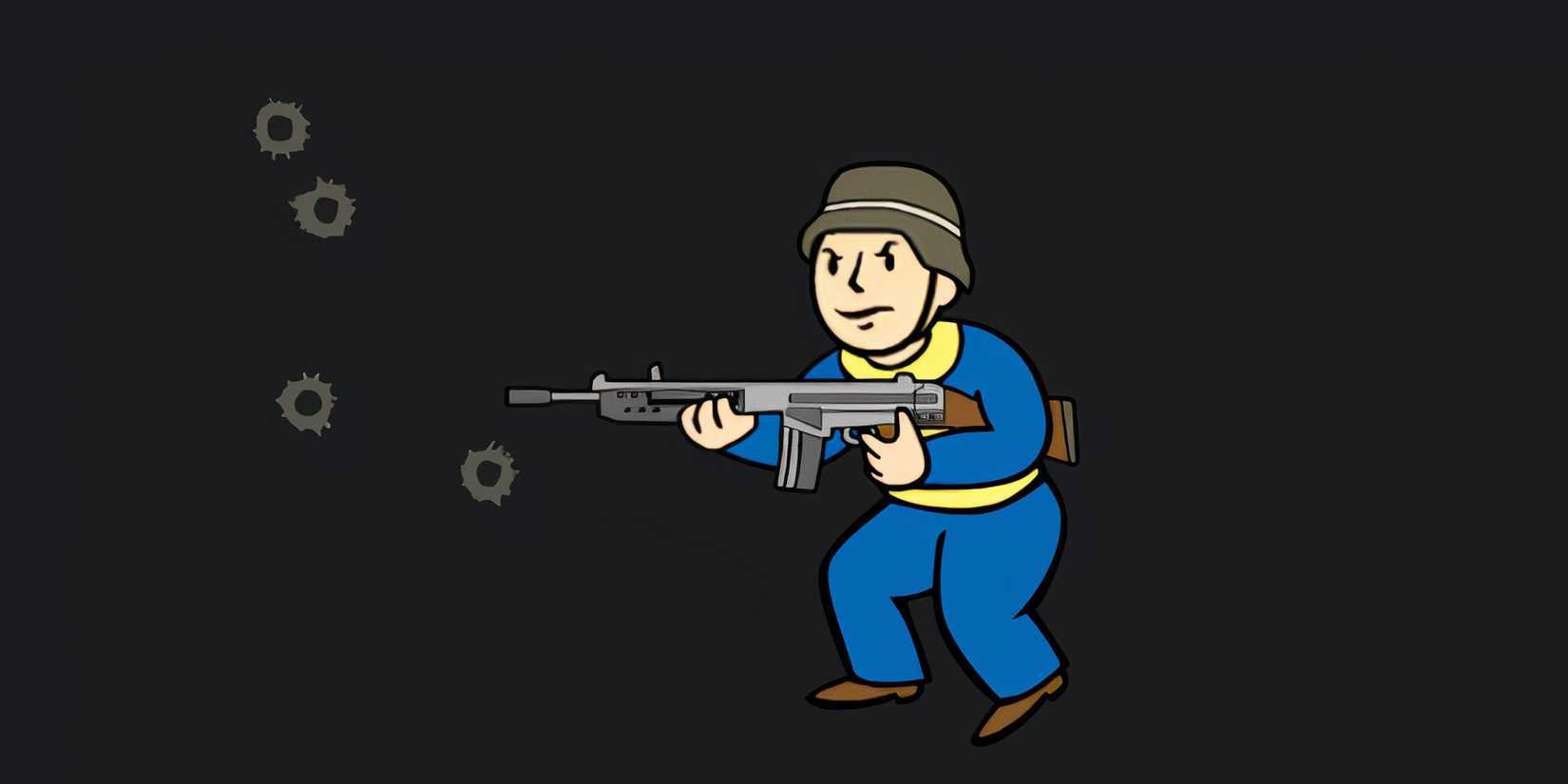 Vault Boy holds a rifle with a commando helmet on his head