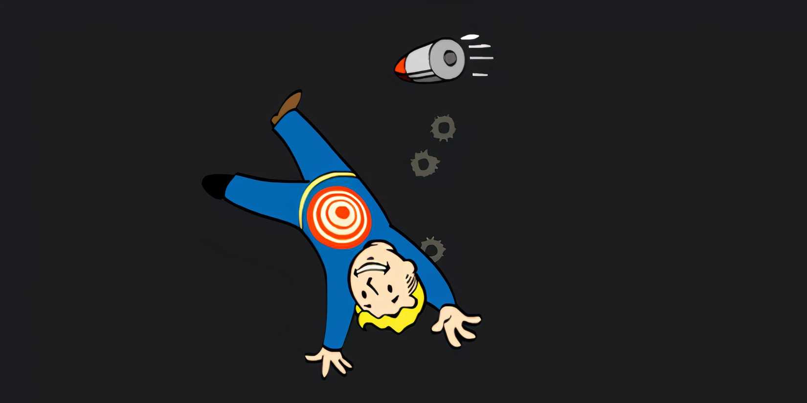 Vault Boy does a cartwheel to avoid a bullet