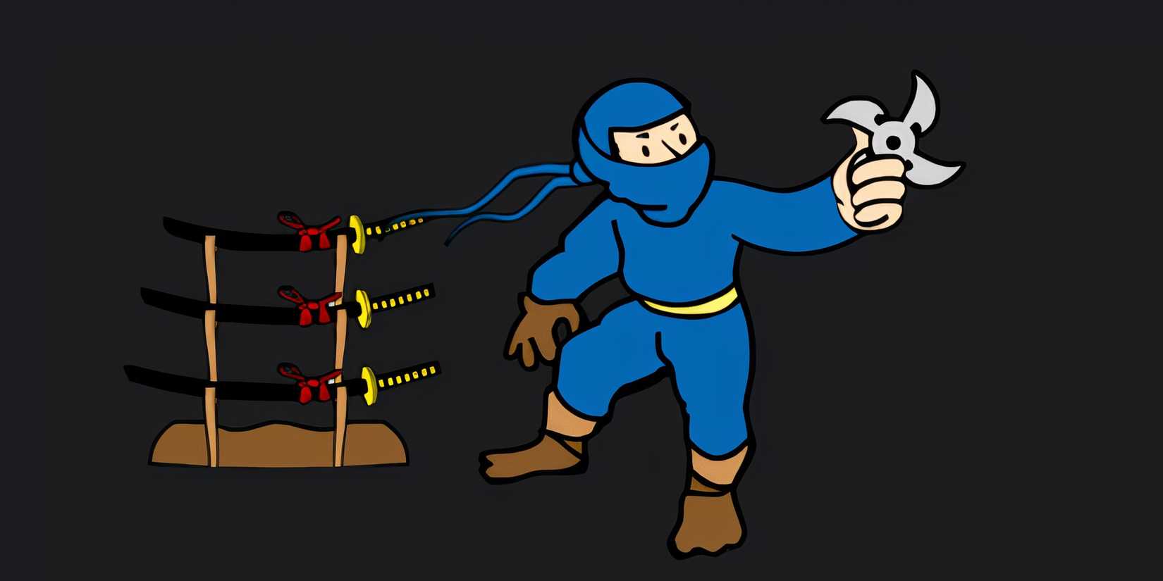 Vault Boy wears a traditional ninja outfit and holds a throwing star while next to a stand of katanas