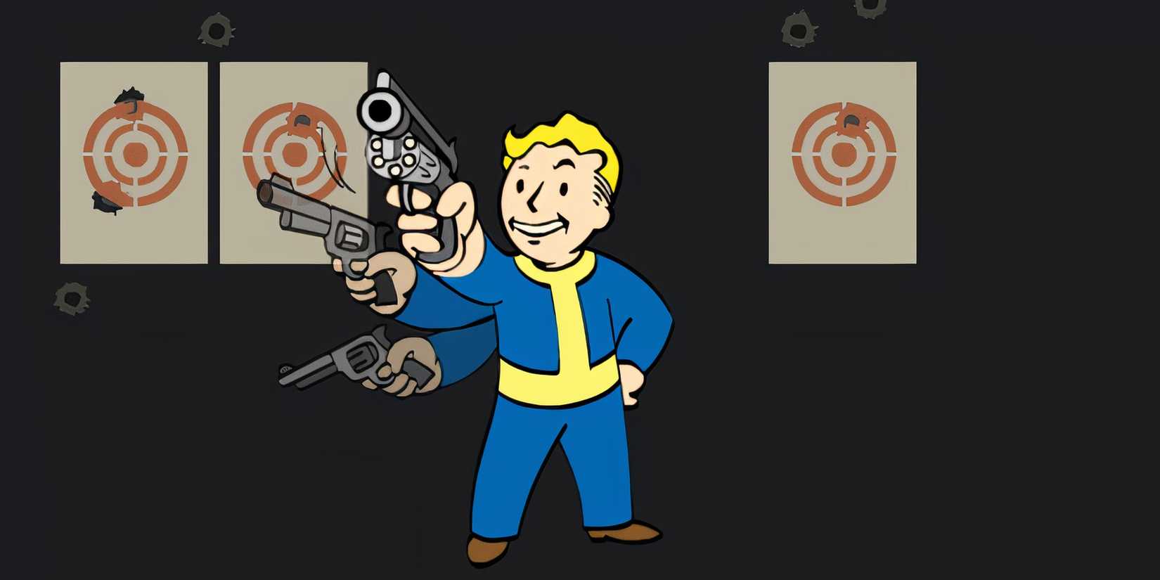 Vault Boy shoots a revolver so fast it looks like he has three arms