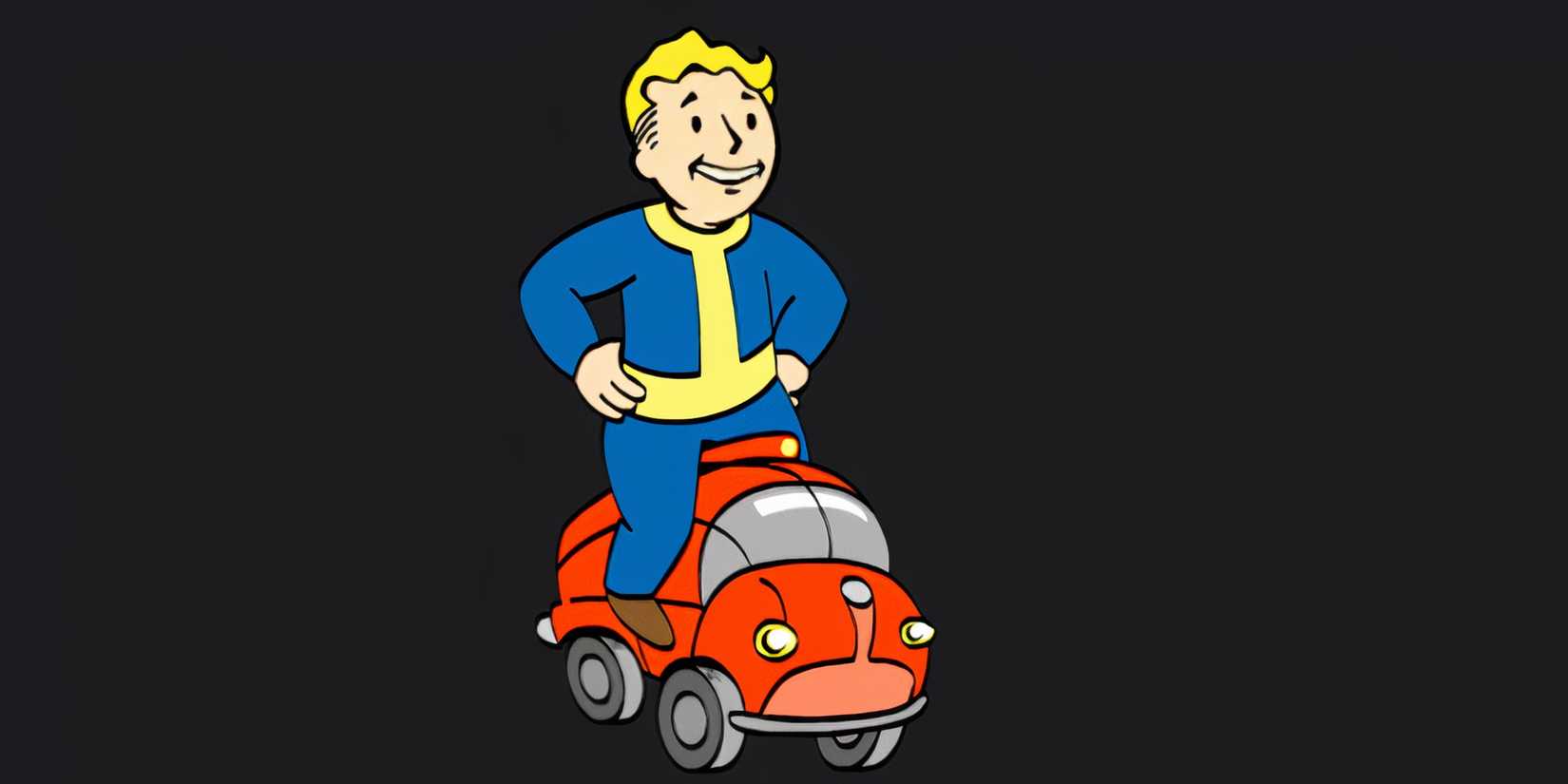 Vault Boy rides a small van like a horse