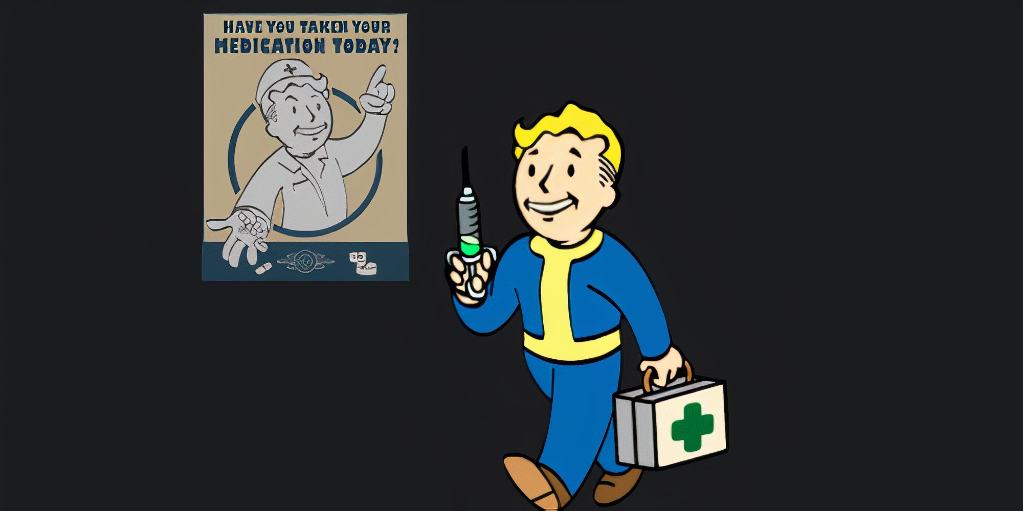 Vault Boy holds a first aid kit and syringe