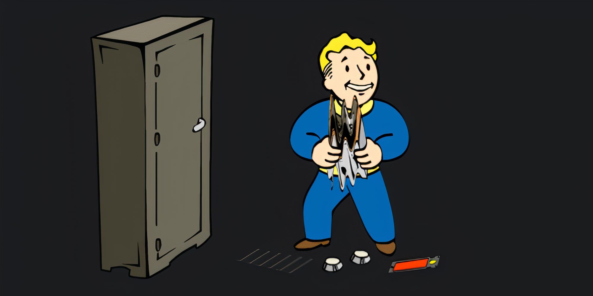Vault Boy holds a pamphlet next to a locker with things on the ground