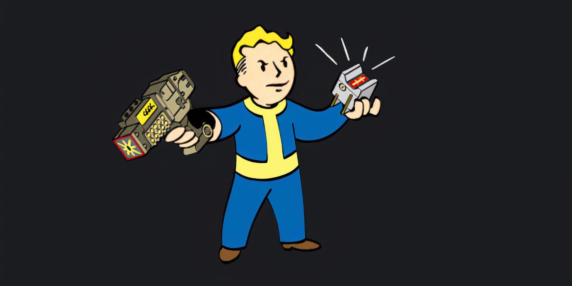 Vault Boy holds an energy weapon and mod in his hands