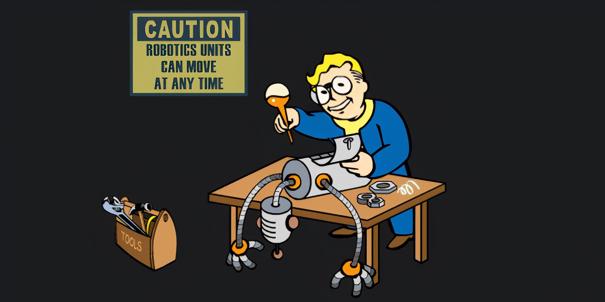 Vault Boy works on a robto over a workbench
