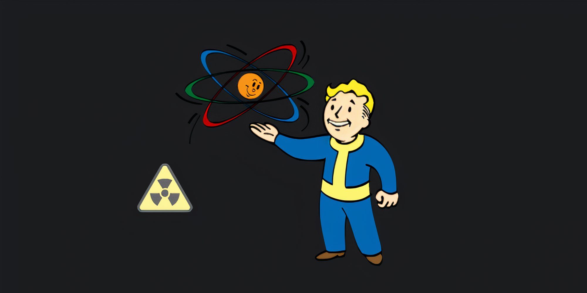 Vault Boy holds an atom with a smiling nucleus