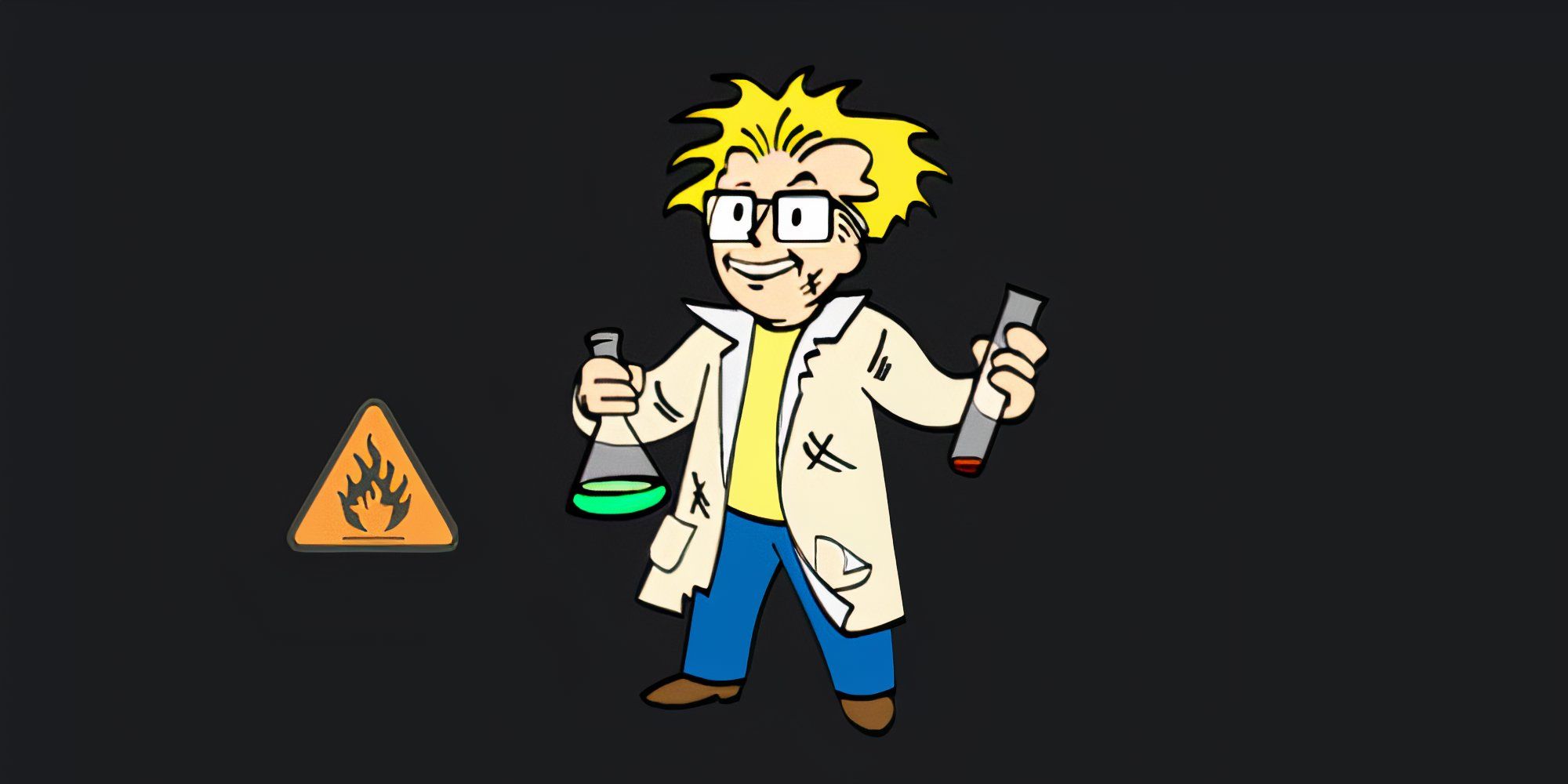 Vault Boy stands in a lab coat with hair standing up from an explosion