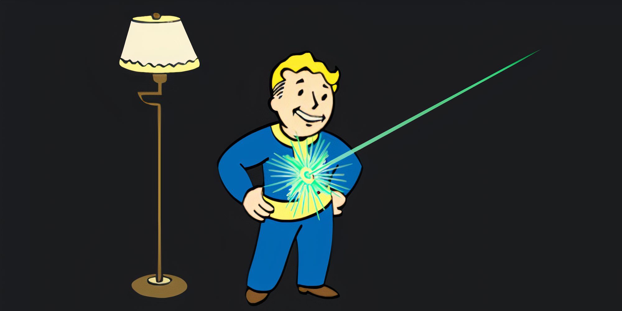Vault Boy absorbs a laser beam while next to a lamp