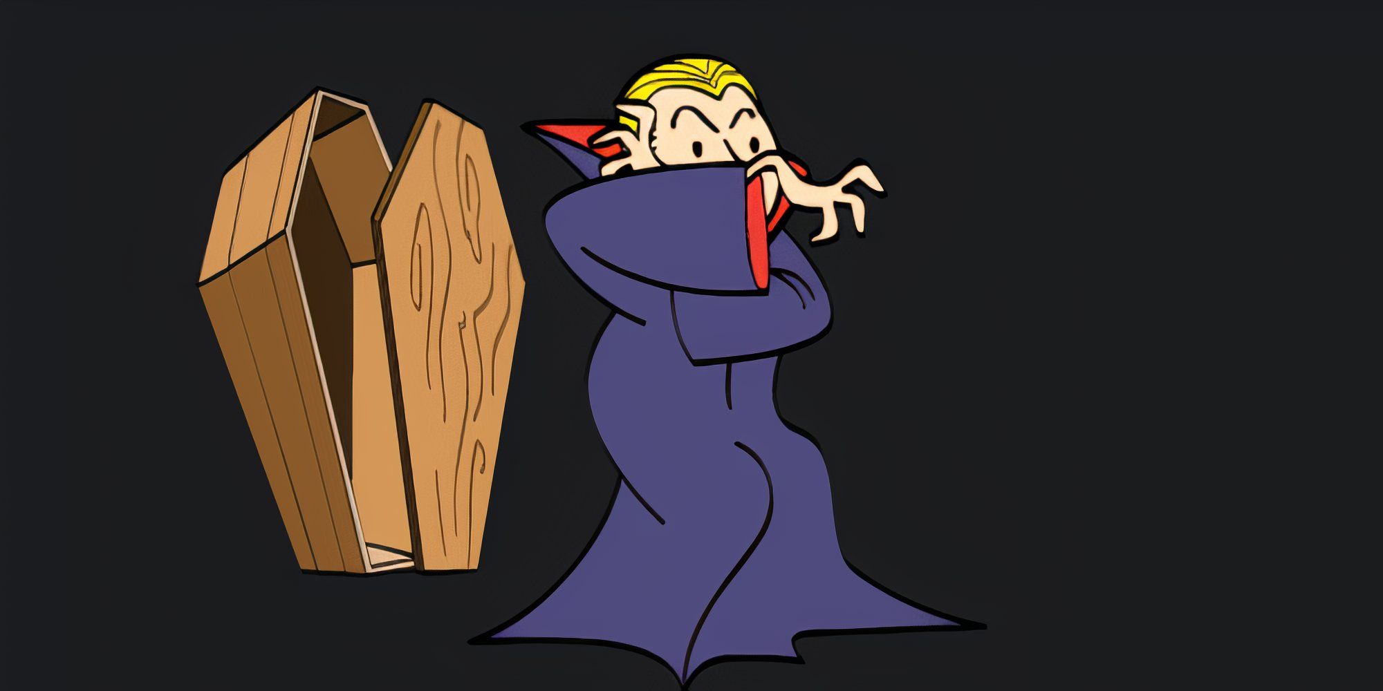 Vault Boy stands in front of a coffin while dressed like a vampire