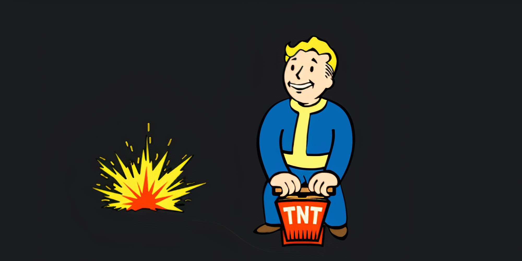Vault Boy pushes a TNT lever to ignite an explosion behind him