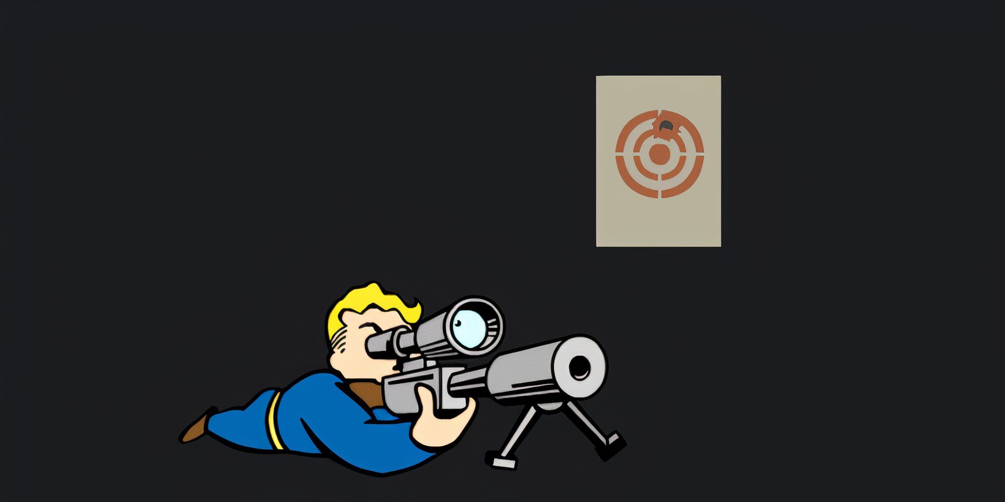 Vault Boy looks through the scope of a sniper rifle
