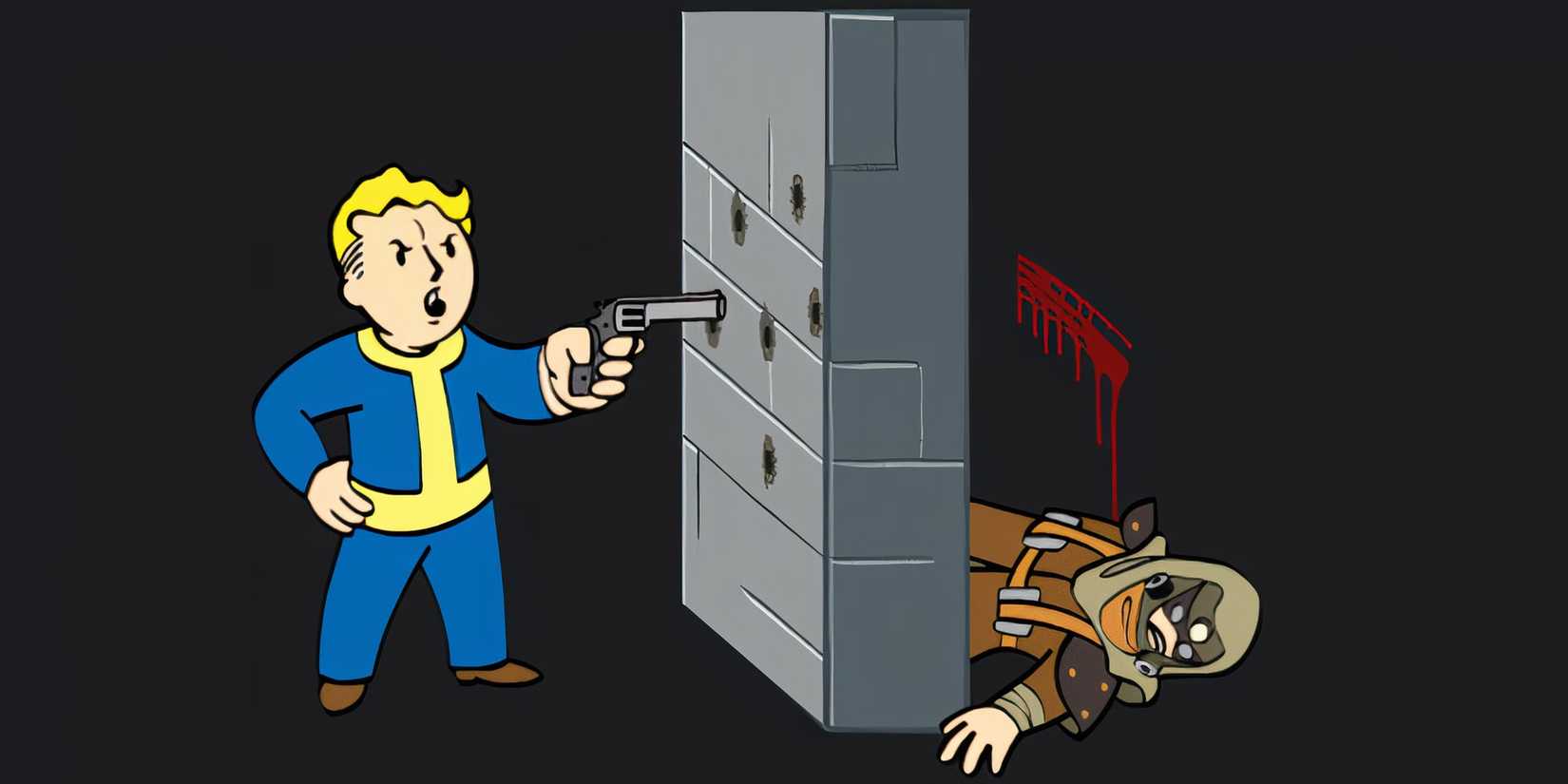 Vault Boy shoots a raider through a brick wall
