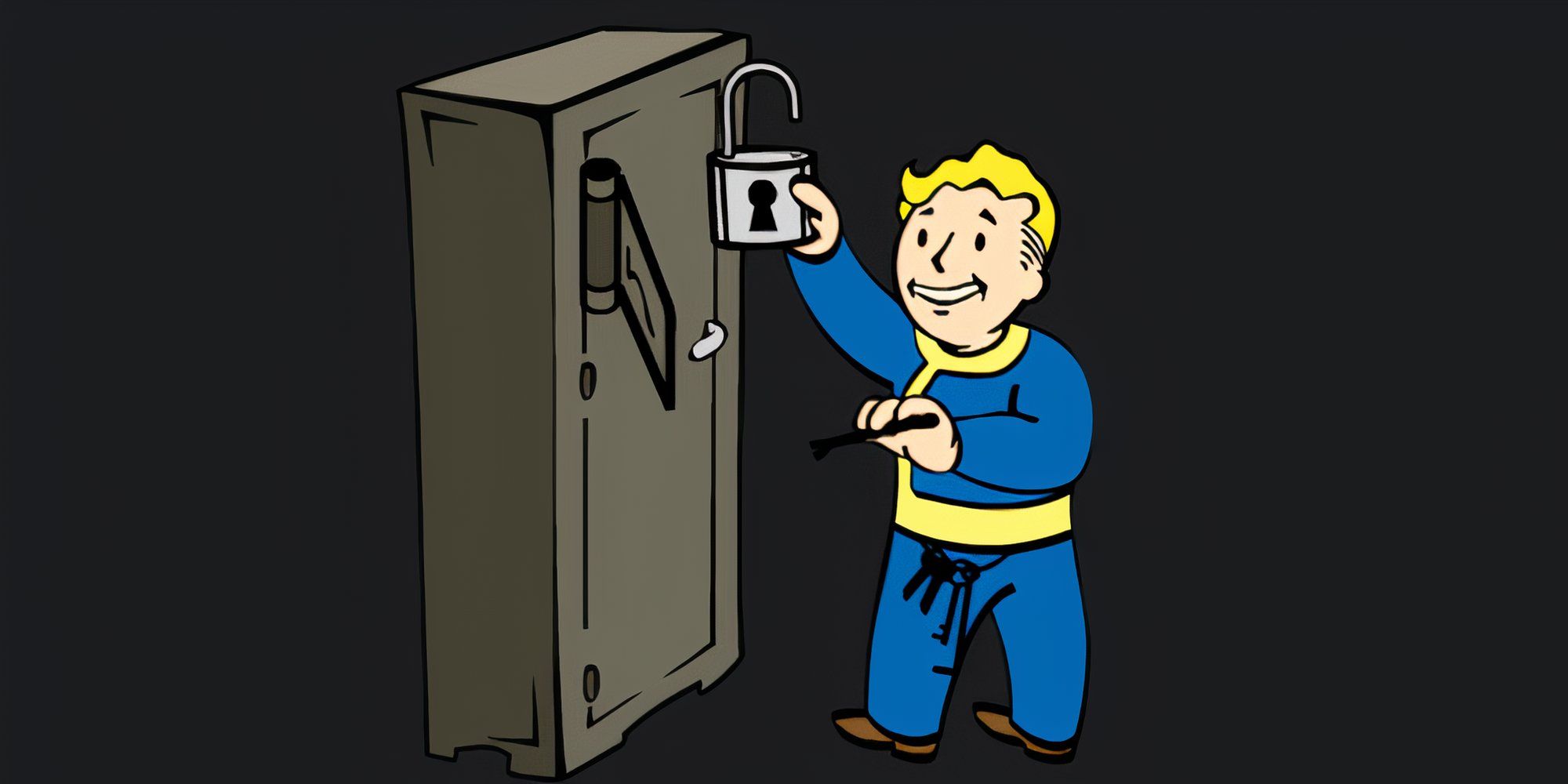 Vault Boy picks a lock to open a cabinet
