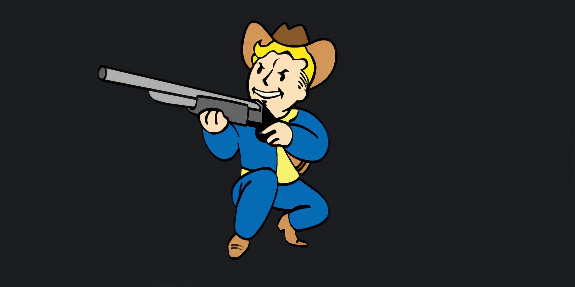 Vault Boy wears a cowboy hat and aims a rifle 