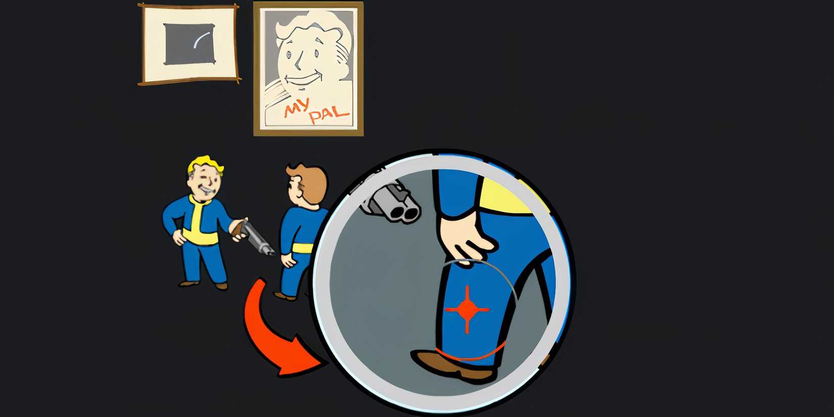 Vault Boy focuses to aim a shotgun at another guy's leg