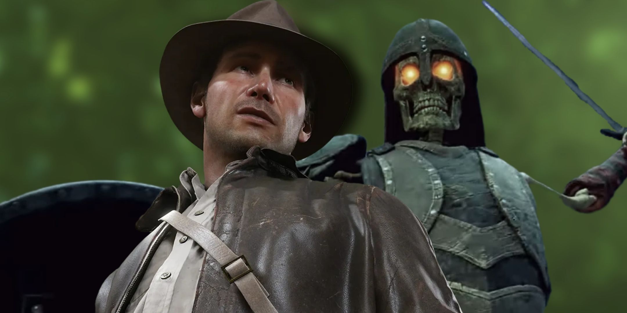 Indiana Jones and an enemy from Avowed stand next to eachother in front of a green background.