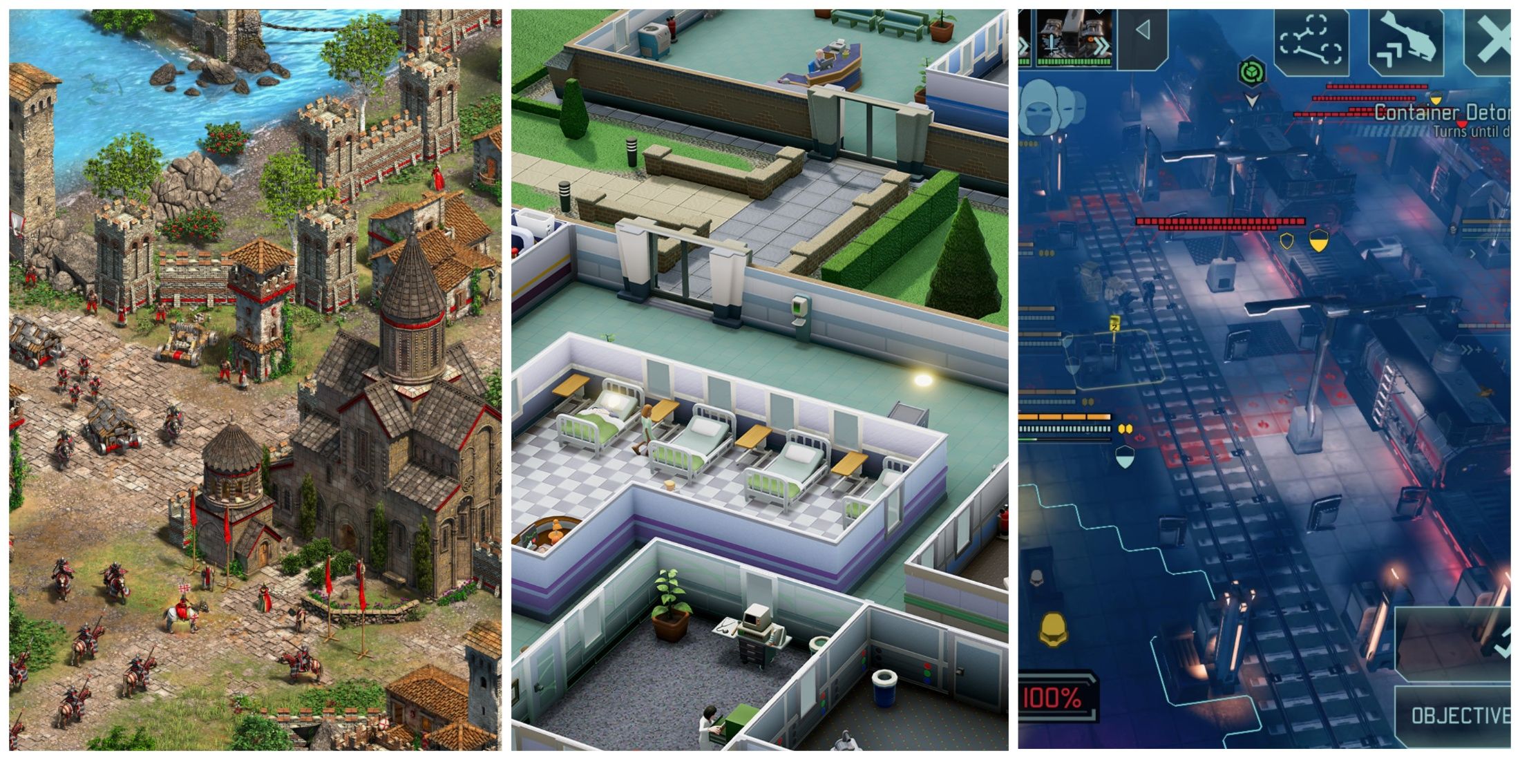 Screenshots from Age of Empires 2, Two Point Hospital, and XCOM 2