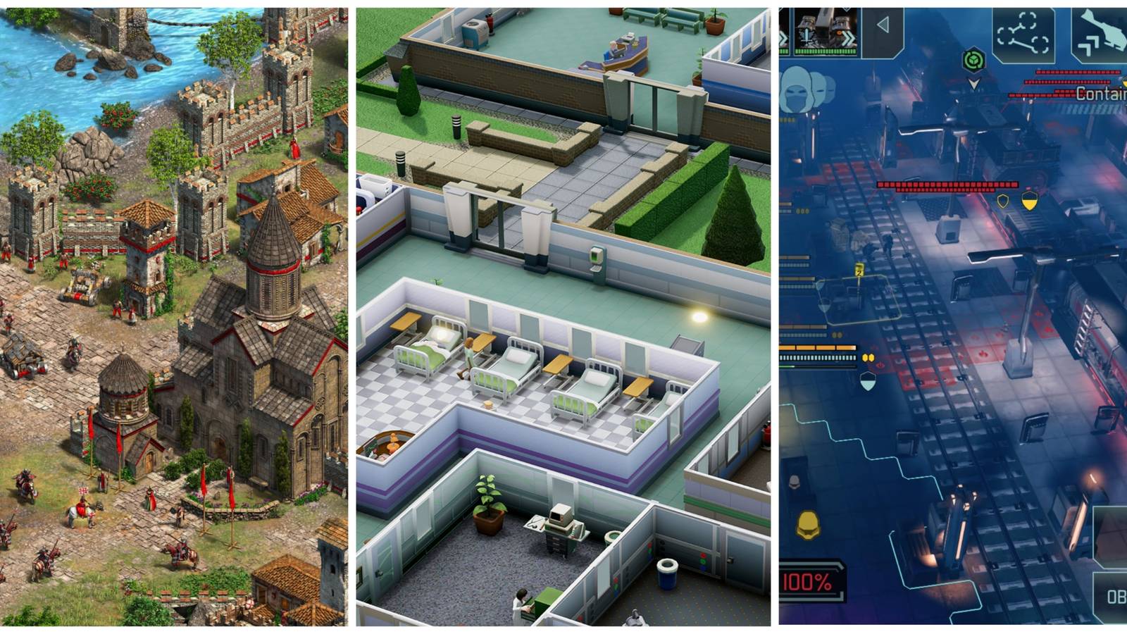 Screenshots from Age of Empires 2, Two Point Hospital, and XCOM 2