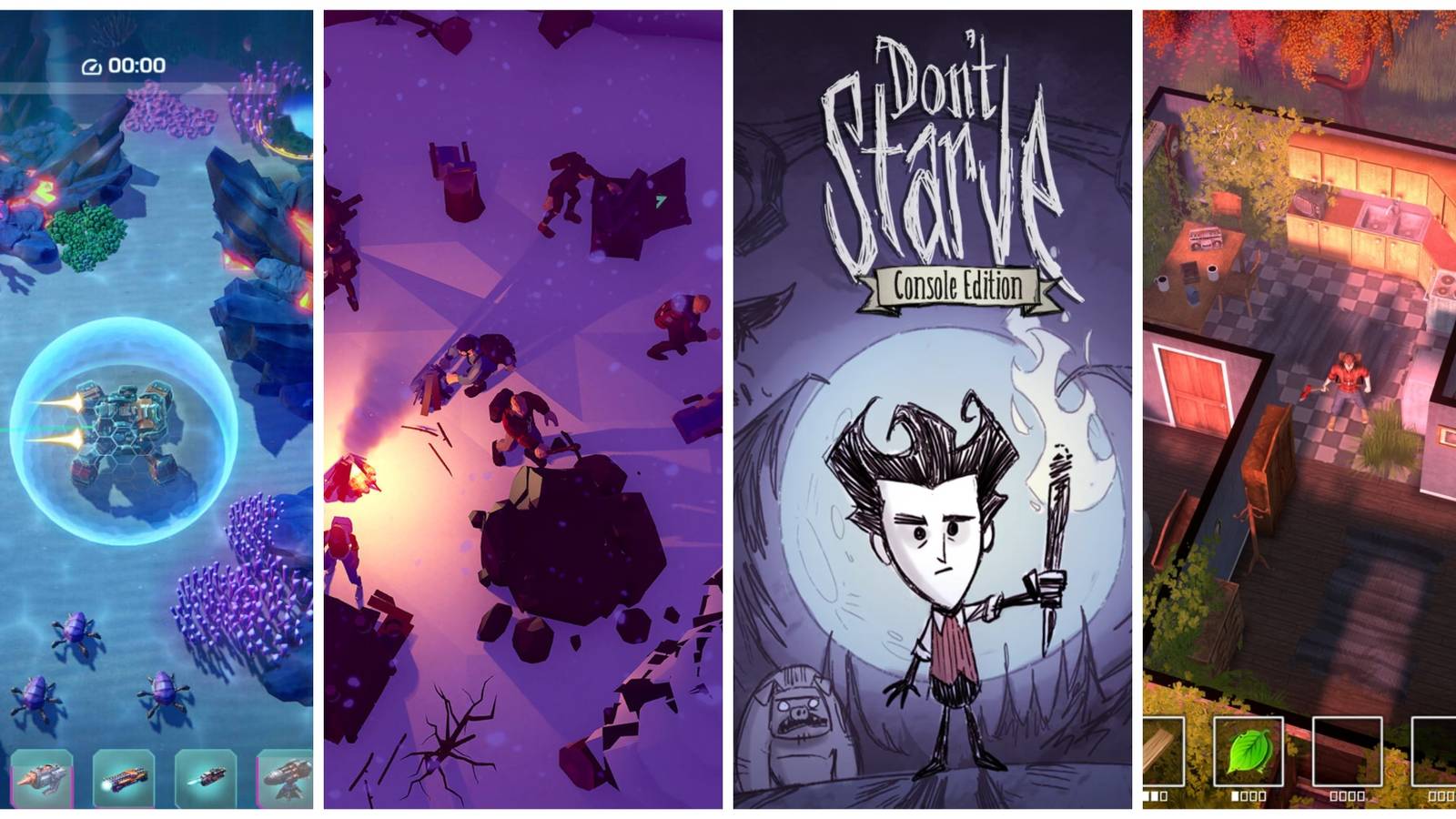 Official images for Ocean Keeper, The Wild Eight, Don't Starve, and Dysmantle