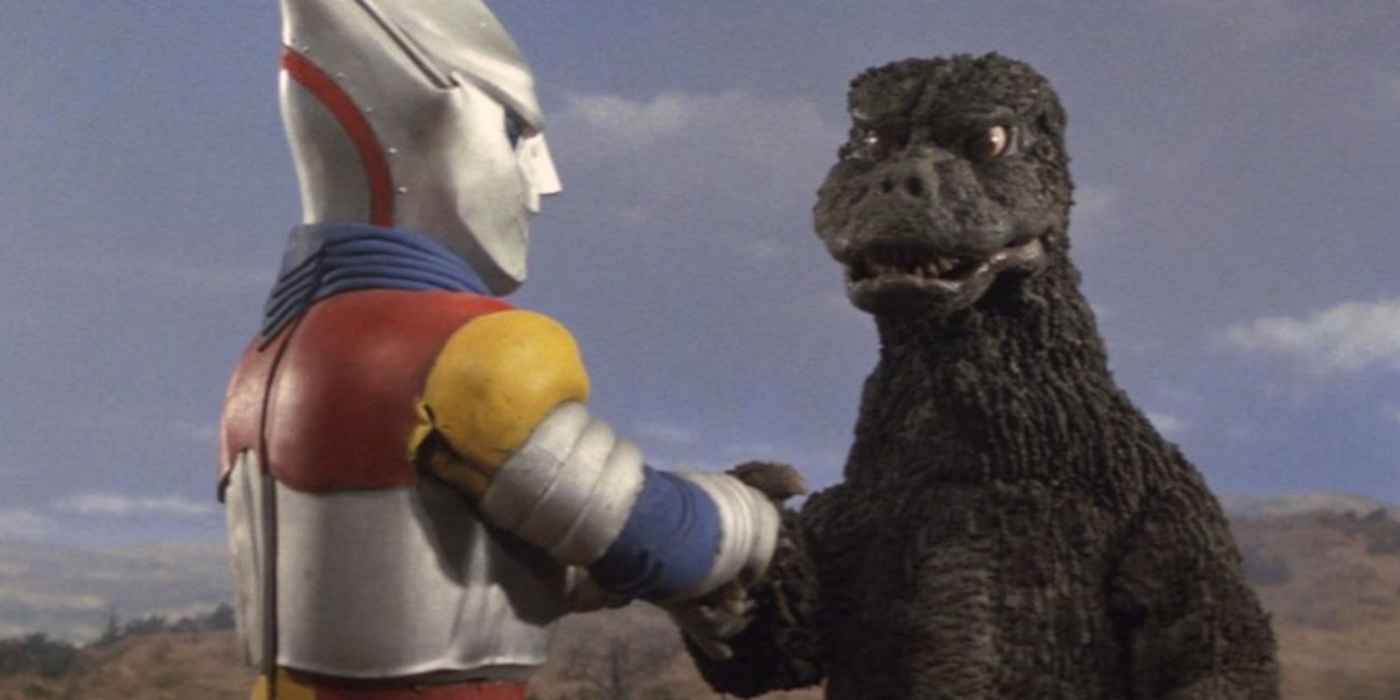 Jet Jaguar shaking Godzilla's hand in Godzilla vs. Megalon