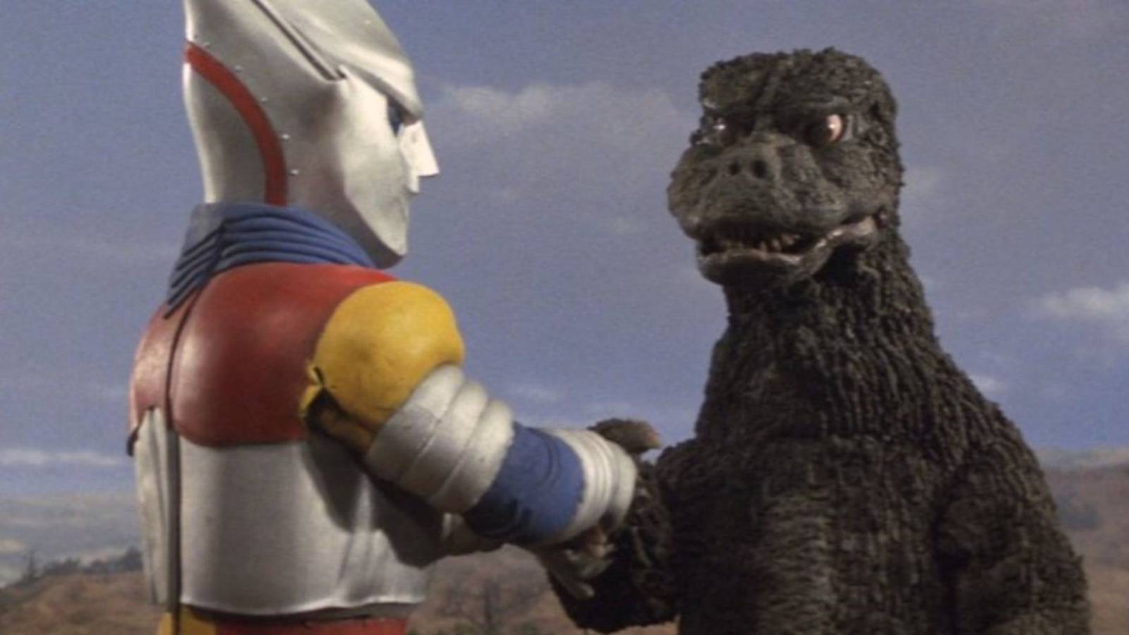 Jet Jaguar shaking Godzilla's hand in Godzilla vs. Megalon
