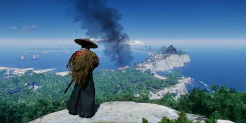Jin standing on a cliff in Ghost of Tsushima