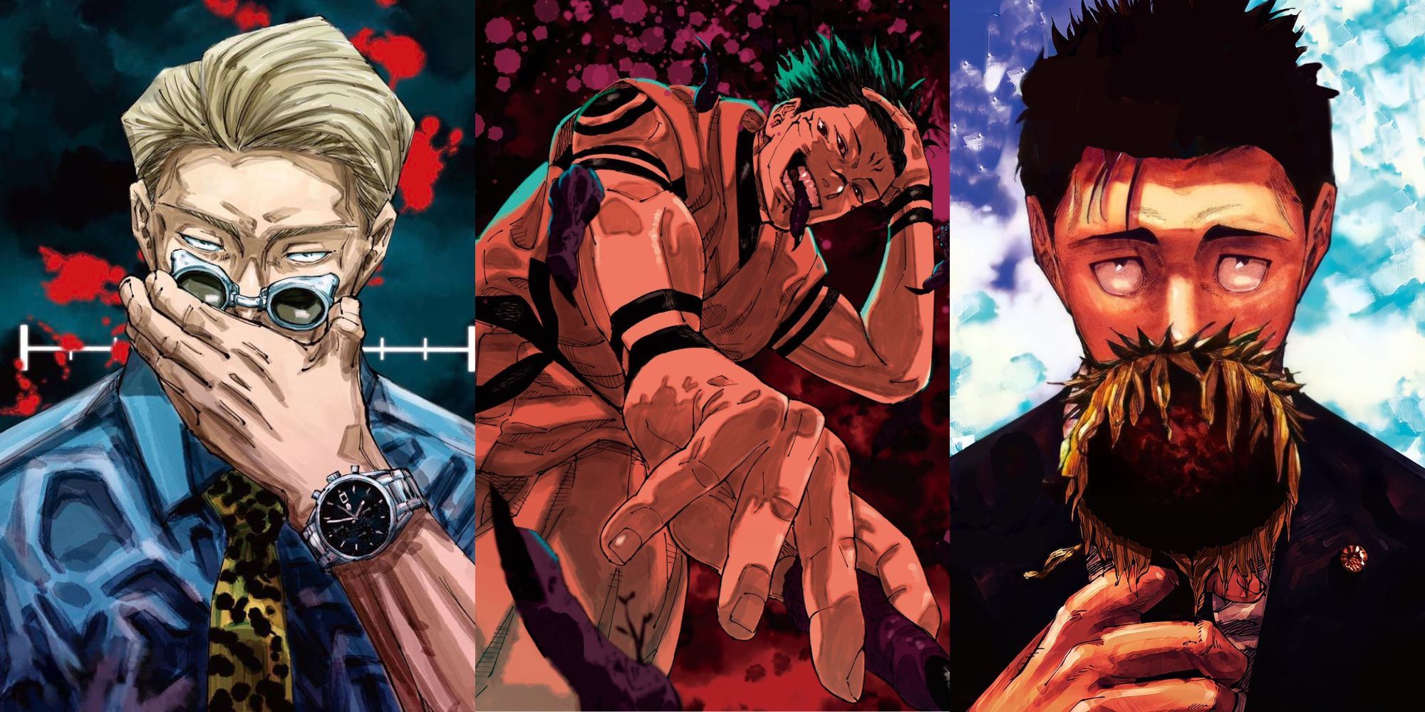 A collage of the covers from Volumes 11, 25 and 19 of Jujutsu Kaisen, featuring Kento Nanami, Ryomen Sukuna and Hiromi Hiruguma. 