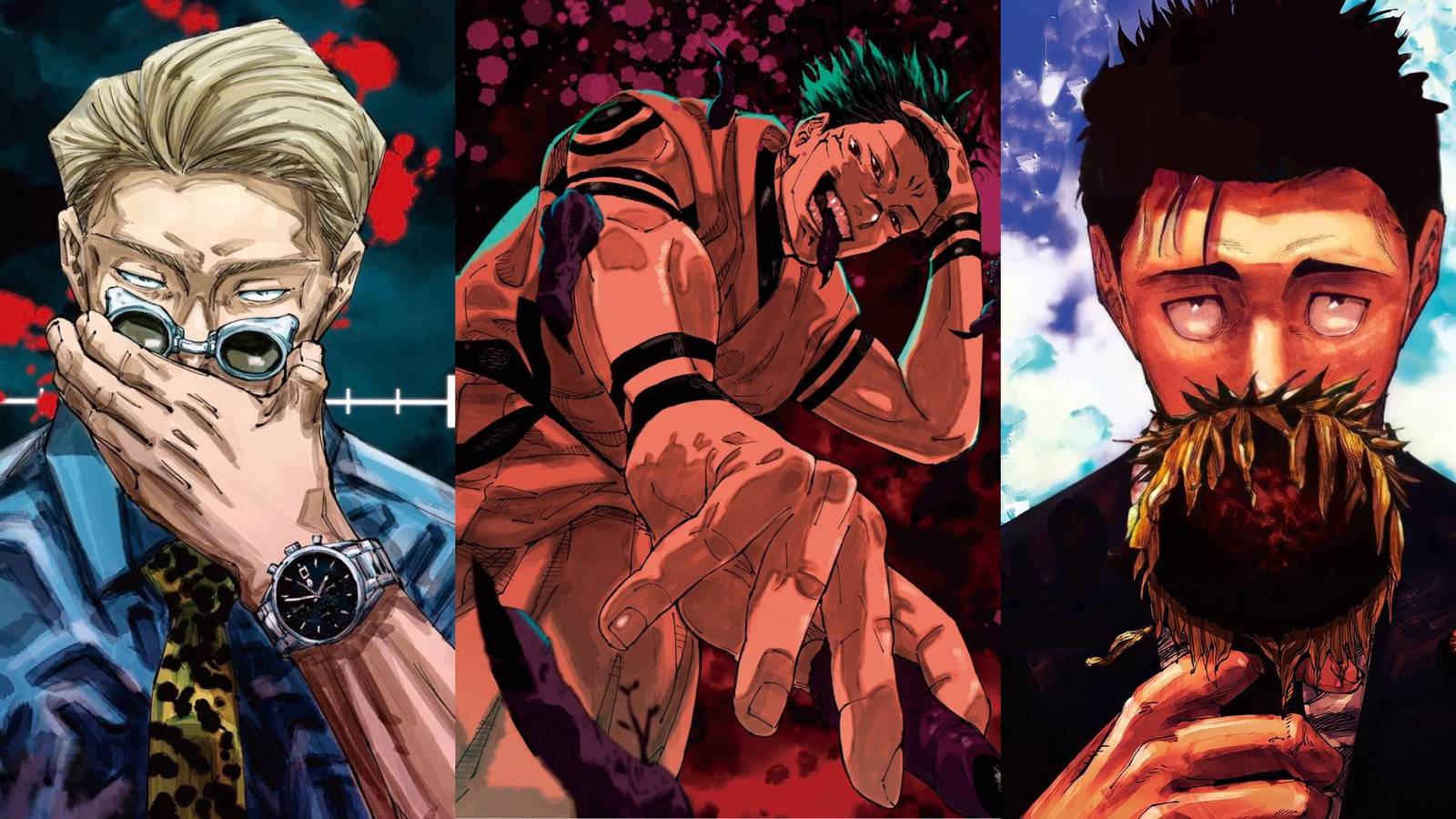 A collage of the covers from Volumes 11, 25 and 19 of Jujutsu Kaisen, featuring Kento Nanami, Ryomen Sukuna and Hiromi Hiruguma. 