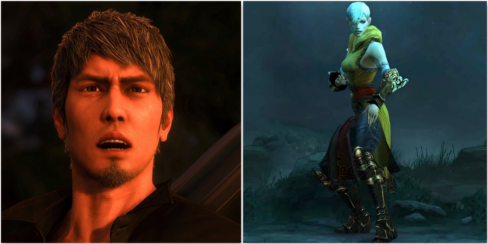 Kazuma in Like a Dragon Infinite Wealth and a female Monk in Diablo 3