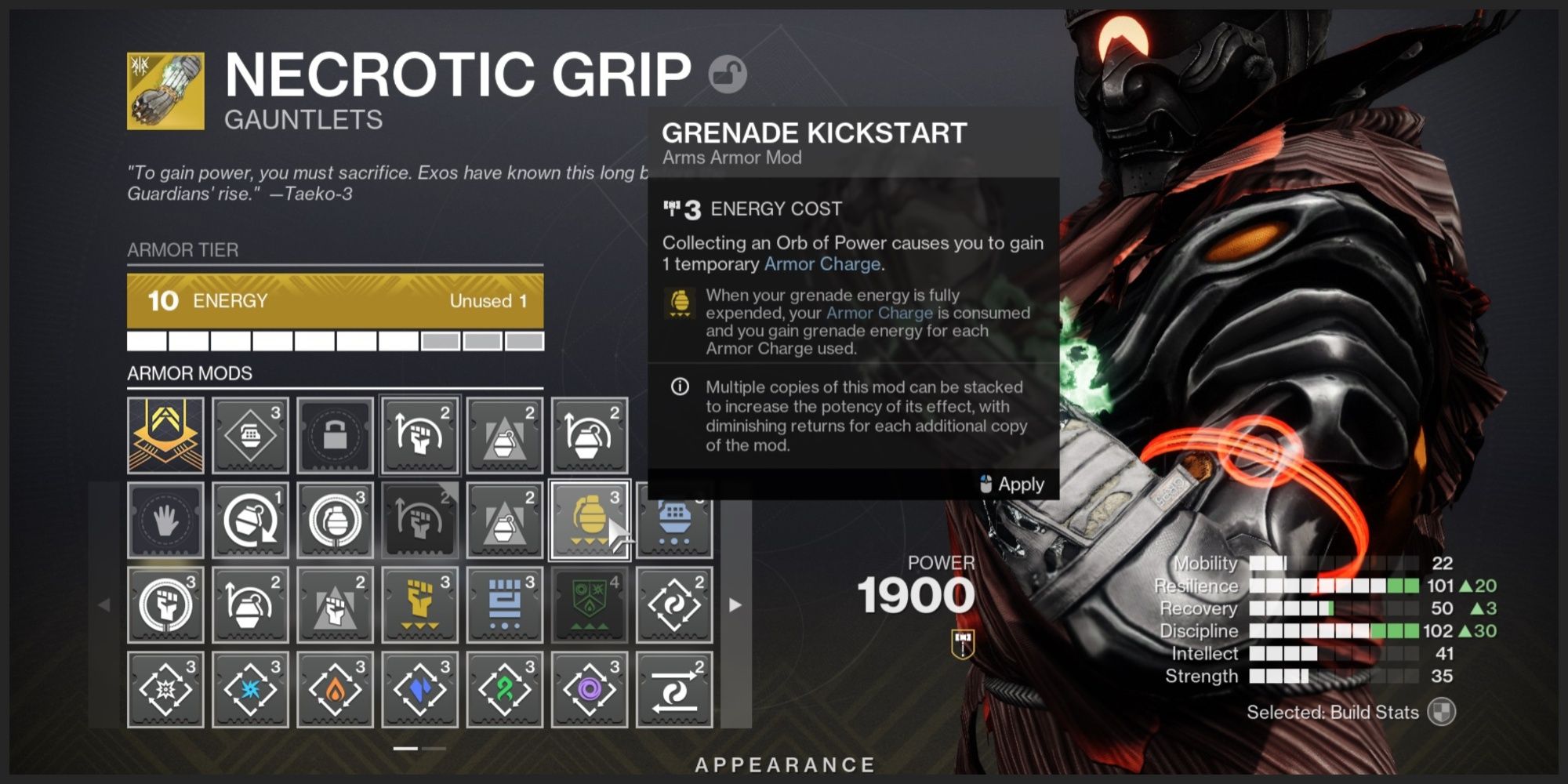 Grenade Kickstart Mod in Gauntlet in Destiny 2