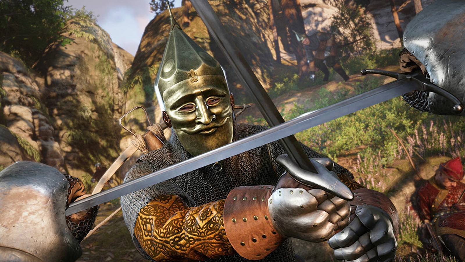 Kingdom Come Deliverance 2 first-person combat sword clash fight parrying masked enemy