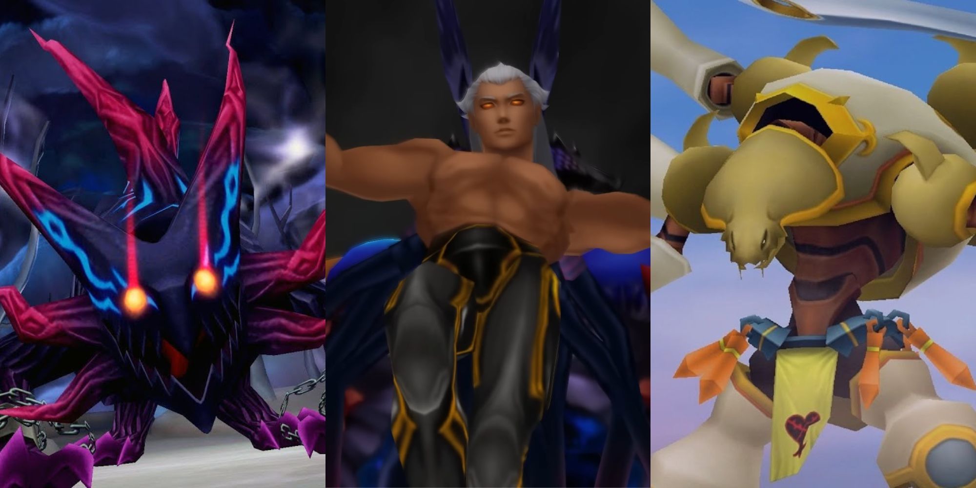 A collage of images of some of the most powerful Heartless in the Kingdom Hearts series: Dark Hide, Ansem Seeker of Darkness and Kurt Zisa.