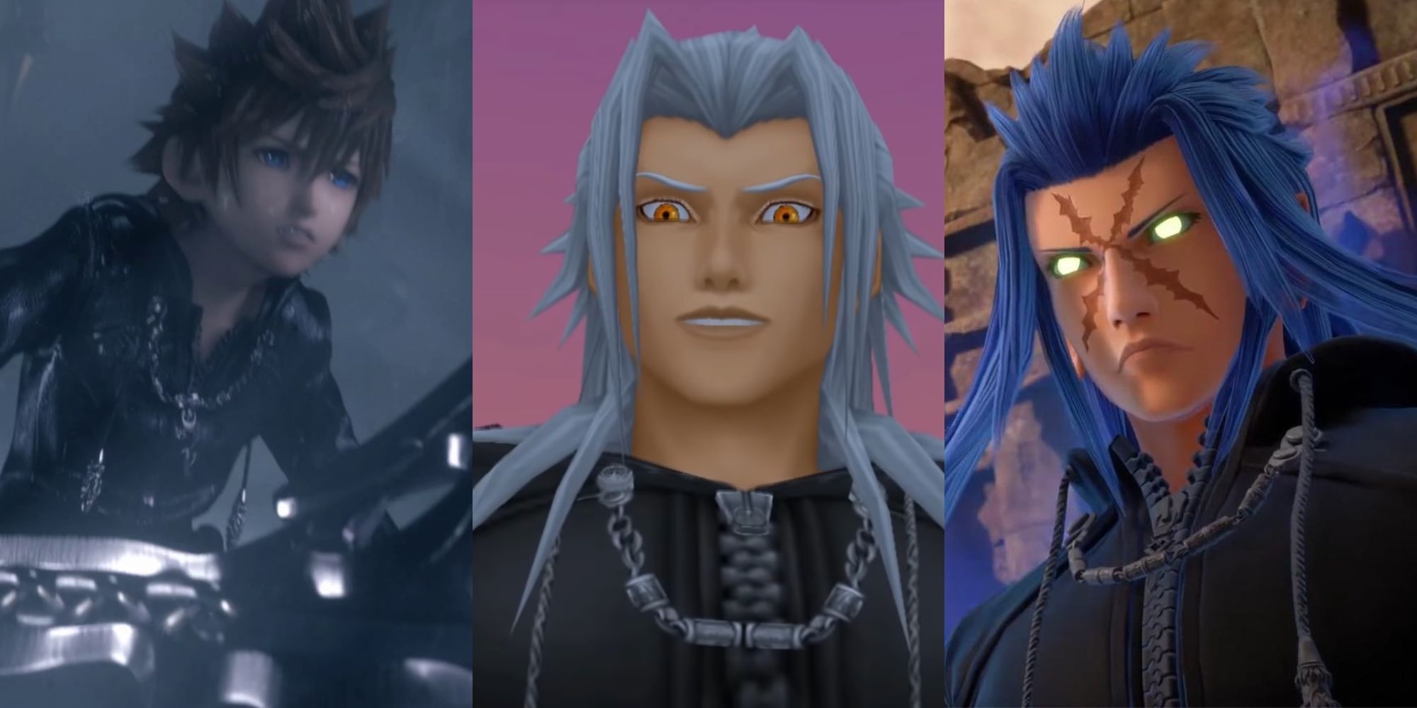 A collage of some of the most notoriously powerful Nobodies in the Kingdom Hearts Series: Roxas, Xemnas and Saix.