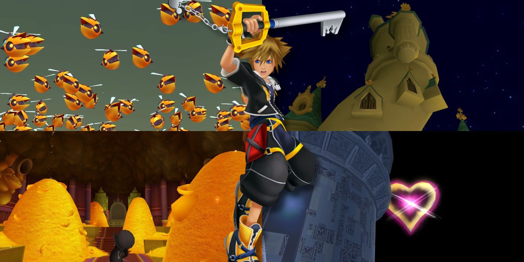 A collage of Sora alongside pictures of the best places in the game to level him up: Pride Lands, Mysterious Tower, Agrabah and The World That Never Was.