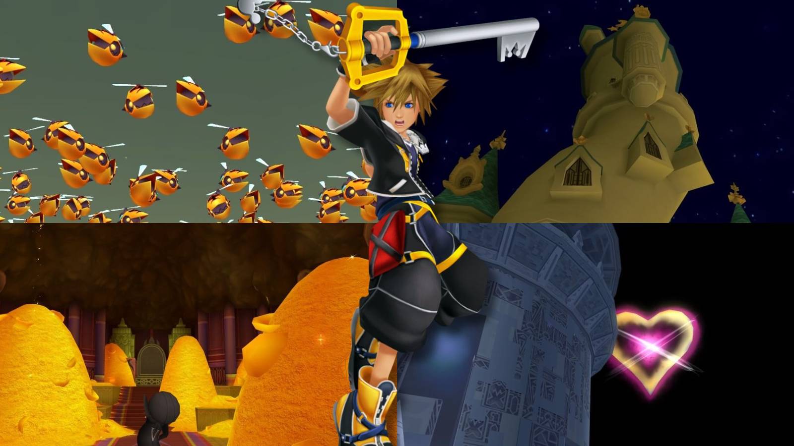 A collage of Sora alongside pictures of the best places in the game to level him up: Pride Lands, Mysterious Tower, Agrabah and The World That Never Was.