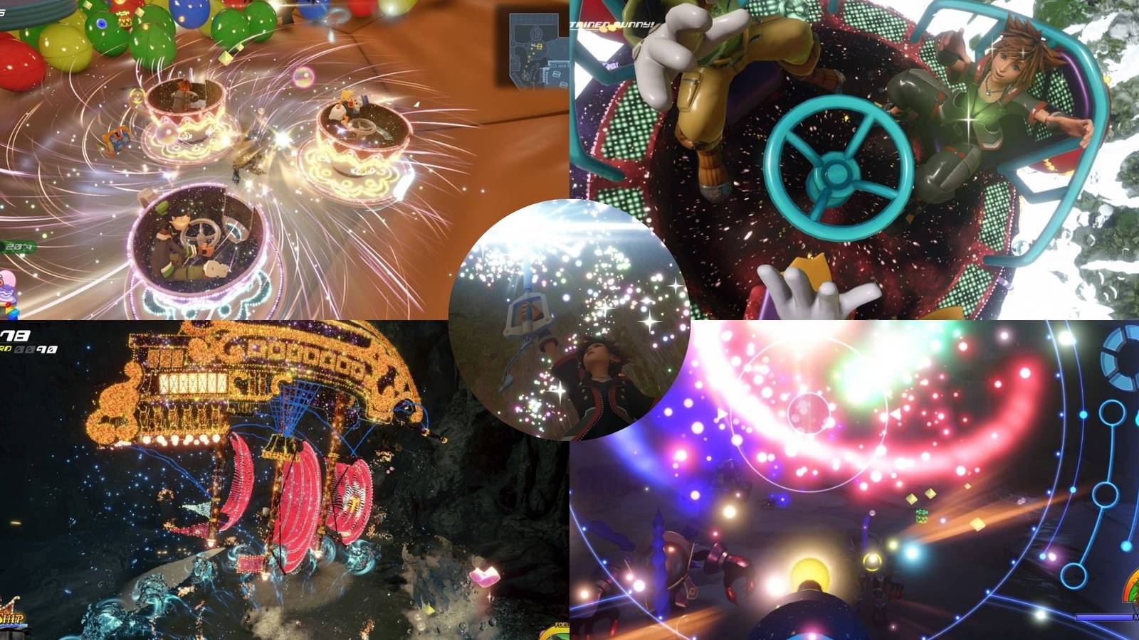 A collage of Sora using the different Attraction Flow rides of KH3: Mad Tea Cups, Splash Run, Pirate Ship and Blaster Blaze.