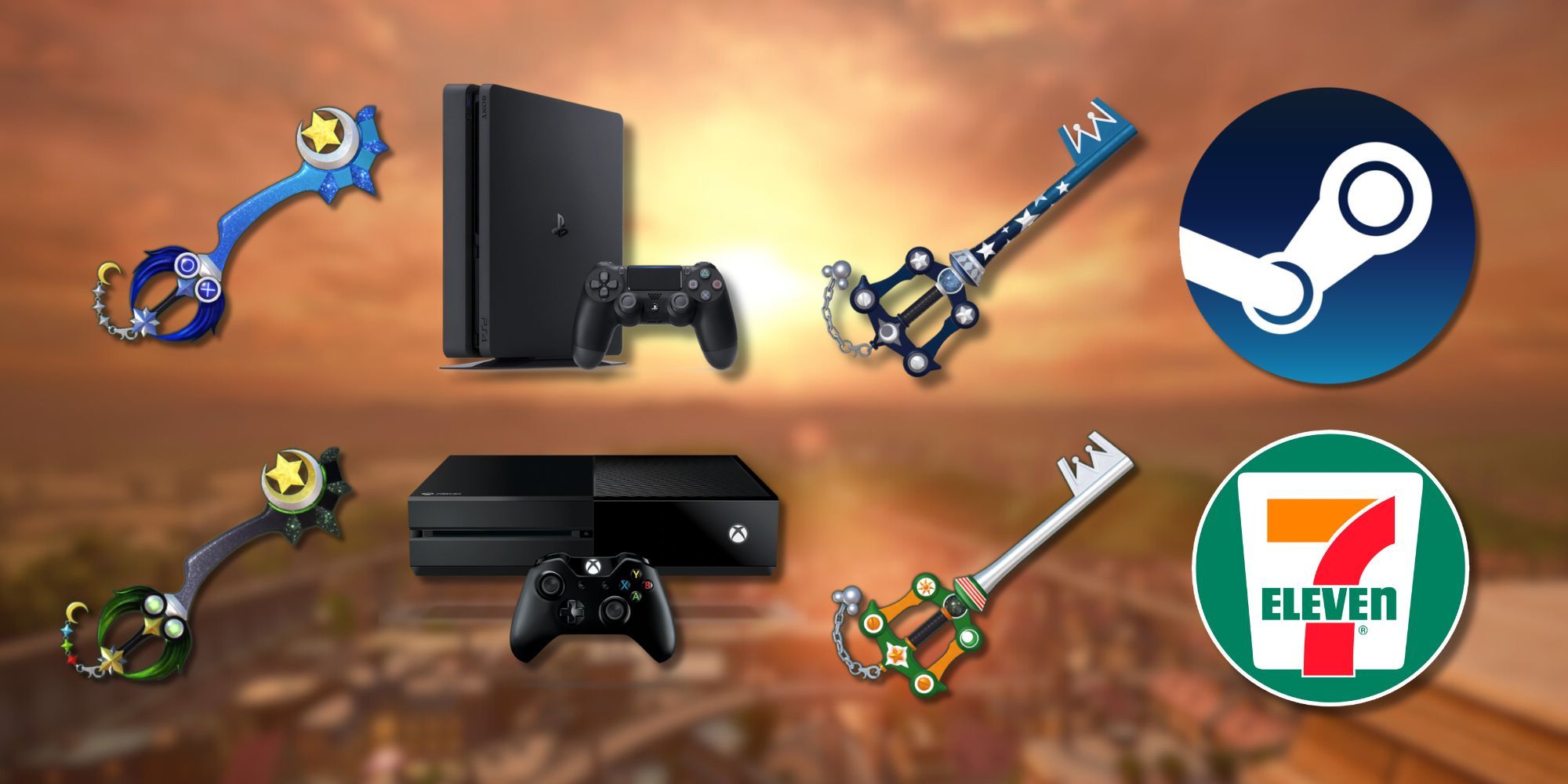 A collage of every system-exclusive Keyblade with their respective systems: Midnight Blue on PS4, Phantom Green on Xbox One, Dead of Night on Steam and Dawn Till Dusk on 7-Eleven.