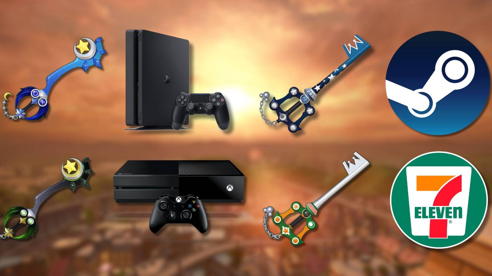 A collage of every system-exclusive Keyblade with their respective systems: Midnight Blue on PS4, Phantom Green on Xbox One, Dead of Night on Steam and Dawn Till Dusk on 7-Eleven.