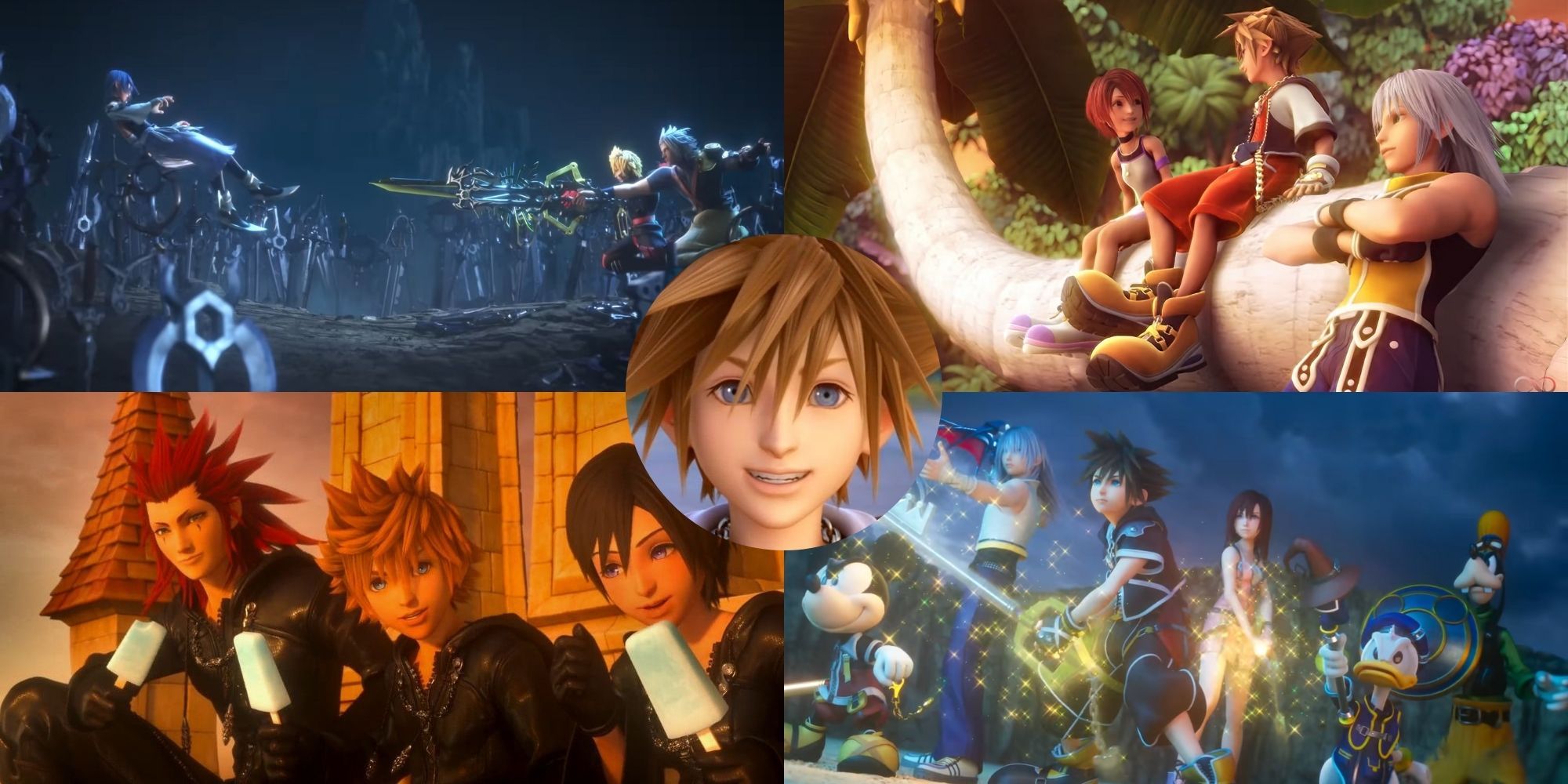 A collage of Sora alongside cutscenes from different Kingdom Hearts games: Birth by Sleep, Kingdom Hearts 1, 358/2 Days and Kingdom Hearts 3.