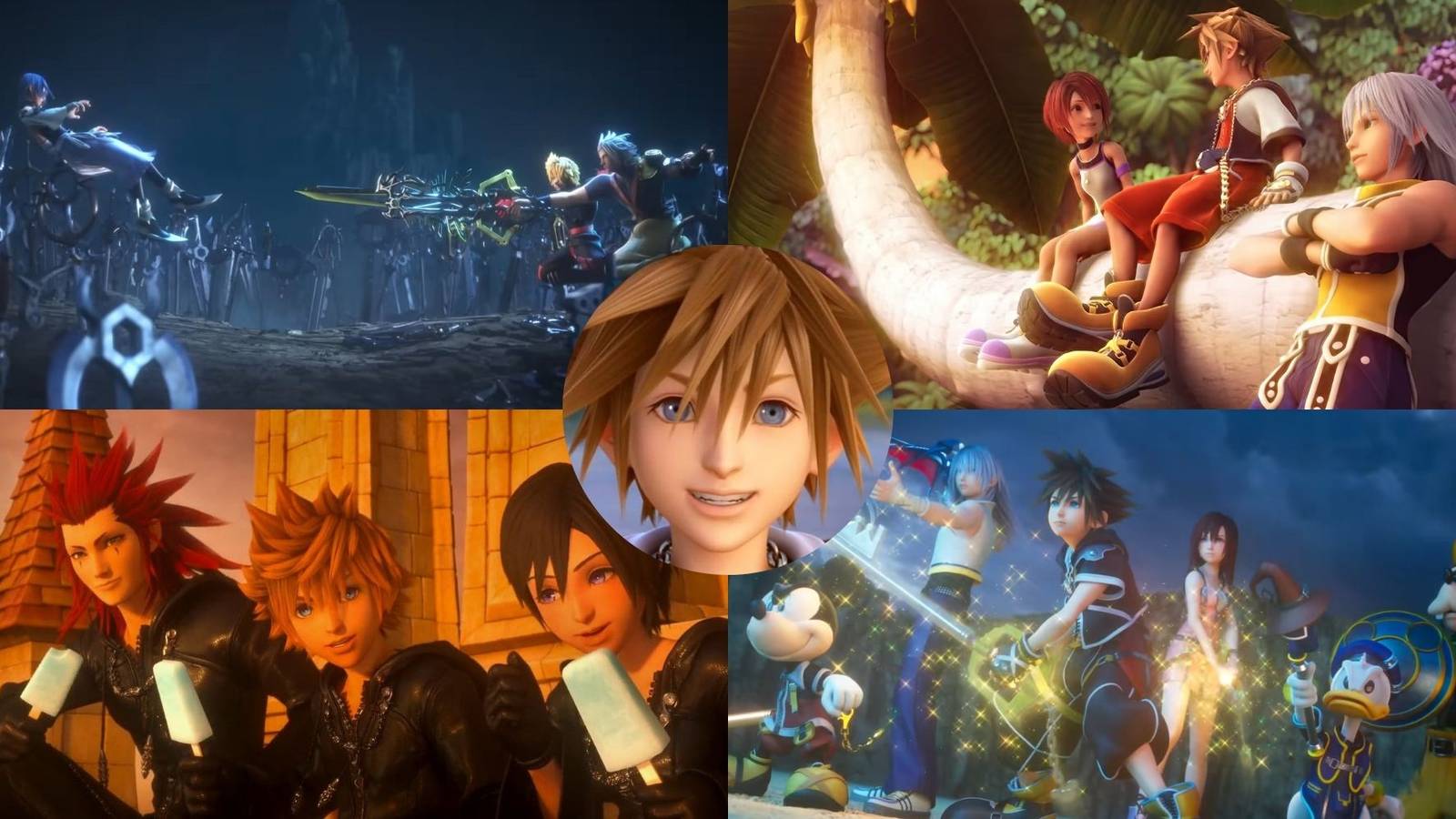 A collage of Sora alongside cutscenes from different Kingdom Hearts games: Birth by Sleep, Kingdom Hearts 1, 358/2 Days and Kingdom Hearts 3.