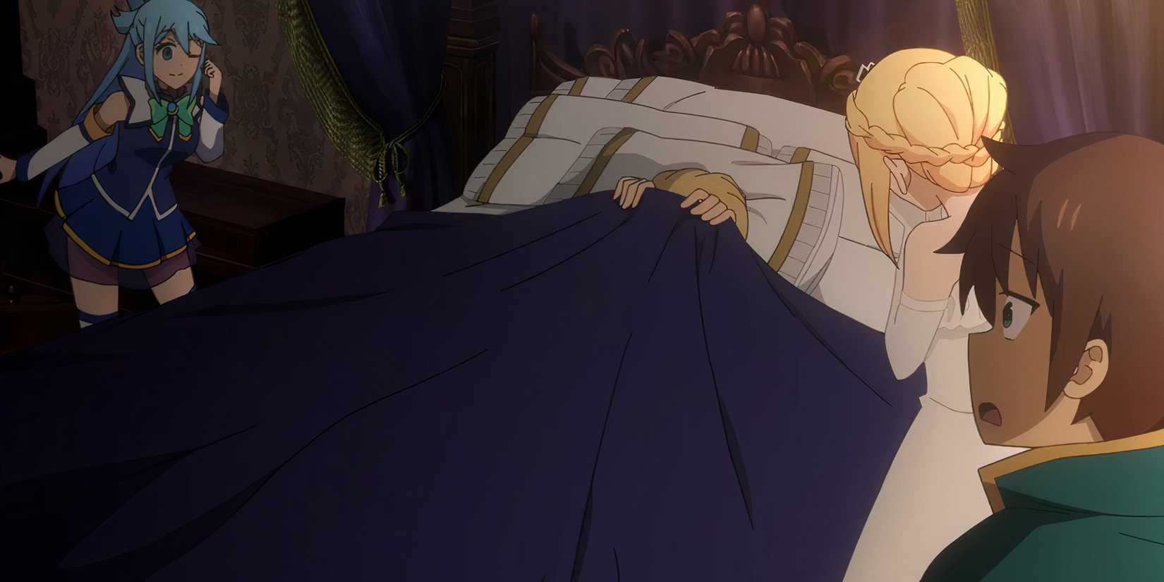 KonoSuba S3 E11 Aqua, Darkness, Kazuma in Darkness's father's room