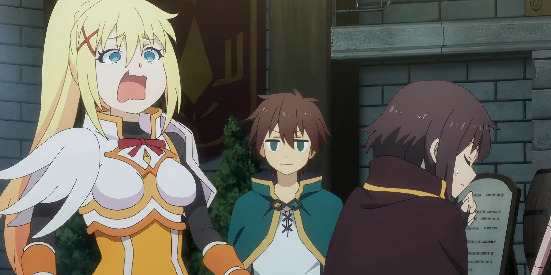 KonoSuba S3 E11 Megumin, Darkness, and Kazuma in the guild