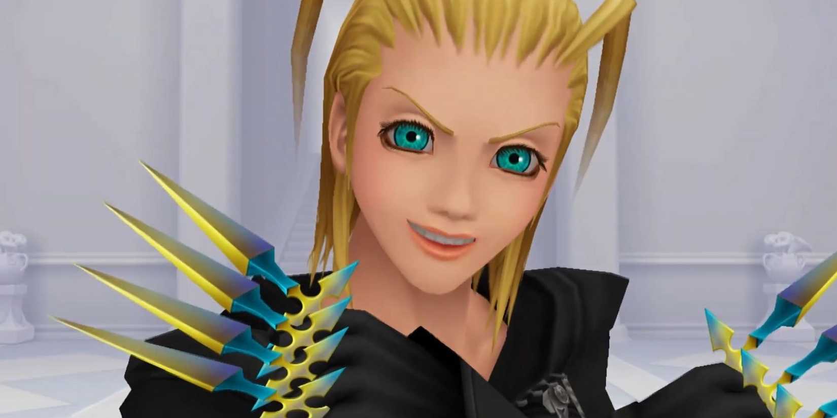 Larxene gets ready to fight Sora, Donald and Goofy with a smirk in her face.