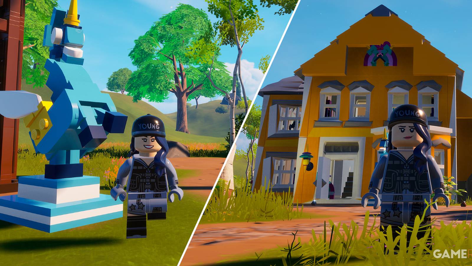 Split-Image showcasing the Brite Bomber Village in LEGO Fortnite