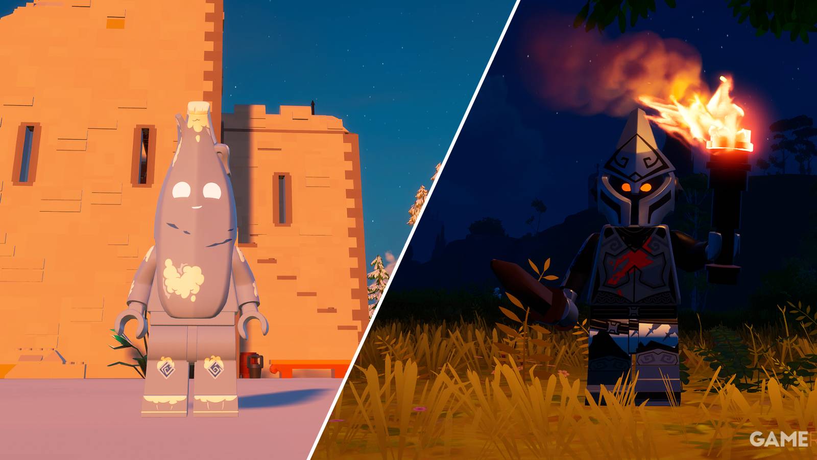 Split image showcasing LEGO Fortnite gameplay in Survival and Sandbox modes