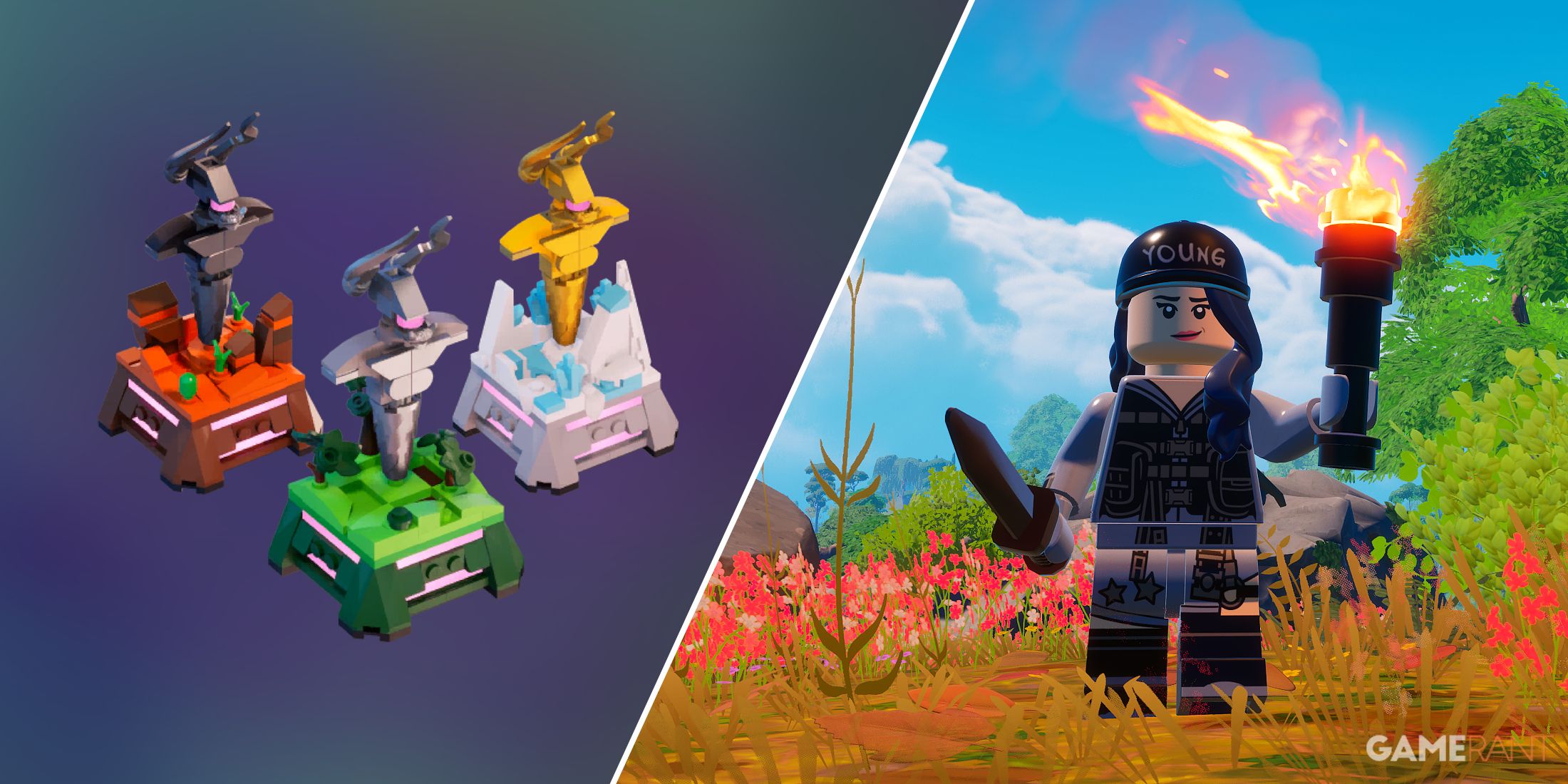 Split image showcasing the Trophy rewards for LEGO Fortnite's Expert Mode