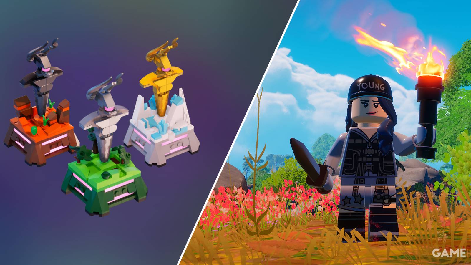 Split image showcasing the Trophy rewards for LEGO Fortnite's Expert Mode