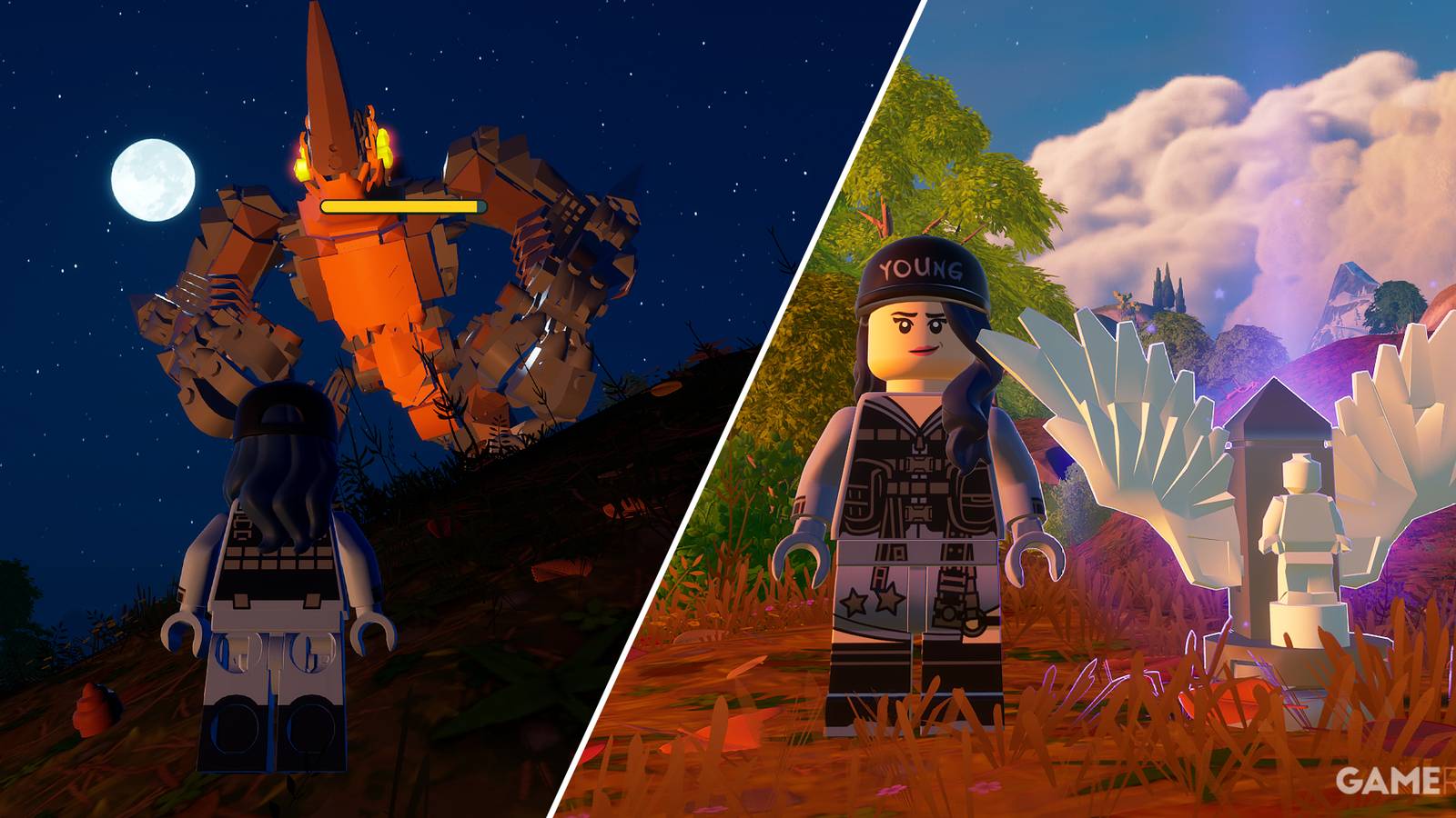 Split image showcasing a Brute and the Totem of Return in LEGO Fortnite