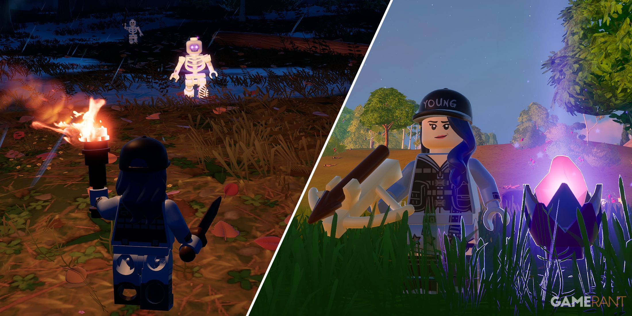 Split image showcasing Storm-Wild enemies and Storm Core in LEGO Fortnite