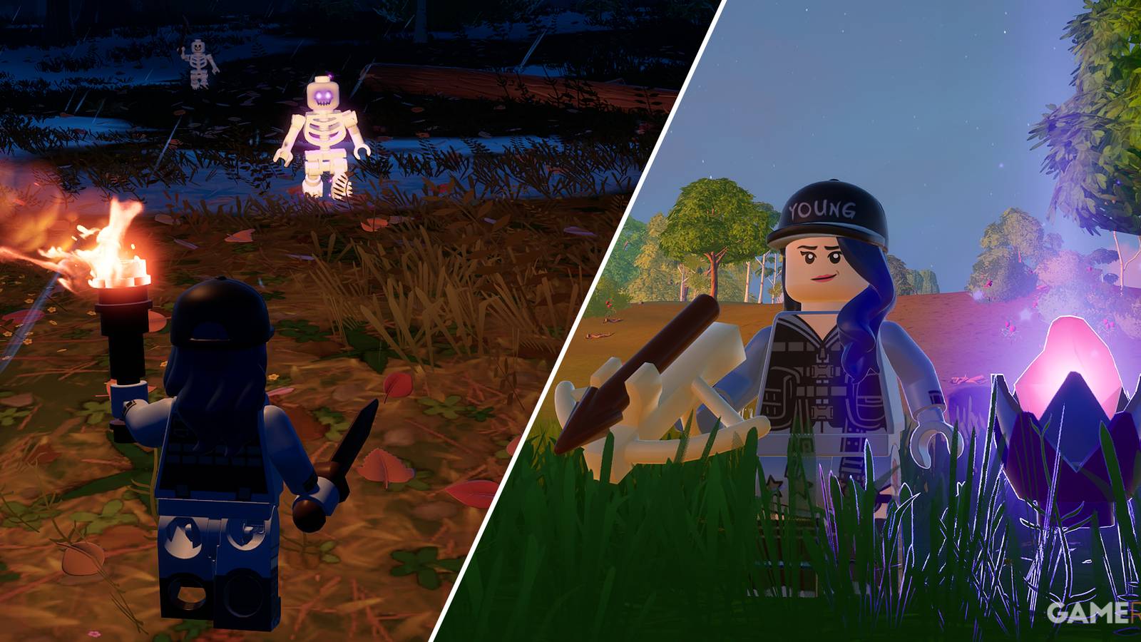 Split image showcasing Storm-Wild enemies and Storm Core in LEGO Fortnite